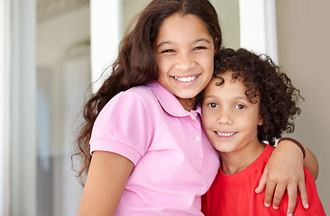 Image showing Smile, hugging and portrait of children at their home bonding for friendship, youth and childhood. Happy, love and excited young kids embracing for love, care and positivity in living room at house.