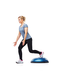 Image showing Athlete, bosu ball or legs training in workout for body or core development isolated on white background. Woman, exercise equipment or fitness for studio mockup space, balance challenge or wellness