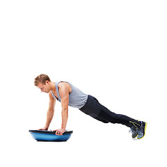 Image showing Man, push up for exercise and balance, bosu ball for core training and muscle in workout on white background. Fitness equipment, strength and endurance with mockup space and strong athlete in studio