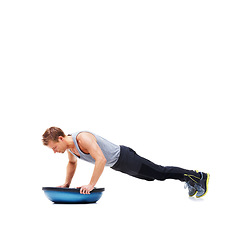 Image showing Balance, exercise and man with bosu ball in workout, core training and push up on white background. Muscle, strength and power with challenge on mockup space, athlete and fitness tools in studio
