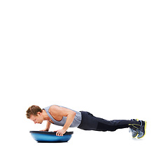 Image showing Man, exercise and push ups with bosu ball for fitness, workout or training on a white studio background. Active male person lifting body weight for strength, muscle or strong arms on mockup space