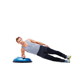 Image showing Man, fitness and balance on bosu ball for core training, muscle and workout isolated on white background. Exercise equipment, strength and endurance with mockup space and strong athlete in studio