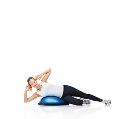 Image showing Portrait of woman, bosu ball or balance in studio or core workout isolated on white background. Female athlete, training equipment or fitness for mockup space, body challenge or exercise for wellness