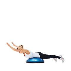 Image showing Balance, fitness and woman with bosu ball in workout, core training and wellness on white background. Muscle, strength and power with challenge on mockup space, athlete and exercise tools in studio