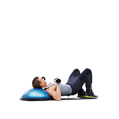 Image showing Fitness, bosu ball or man in dumbbell workout performance for wellness in studio on white background. Strong male athlete, bodybuilder or training equipment for mockup space, challenge or weights