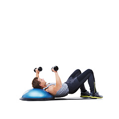 Image showing Man, lying and bosu ball with dumbbells for workout, exercise or weightlifting on a white studio background. Active young male person with weights in core training, gym or fitness on mockup space