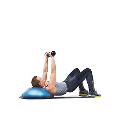 Image showing Fitness, bosu ball or man in dumbbell exercise performance for wellness in studio on white background. Strong male bodybuilder, athlete or training equipment for mockup space, challenge or weights
