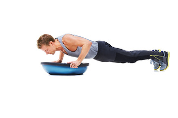 Image showing Man, workout and half ball for plank in studio for fitness, strong exercise and gym with muscle health on floor. Bodybuilder or young sports model with push up or arms training on a white background