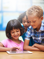 Image showing Kids, learning and tablet in classroom for online education, scroll on school website and information in group. Happy diversity students or children on digital technology of knowledge and development