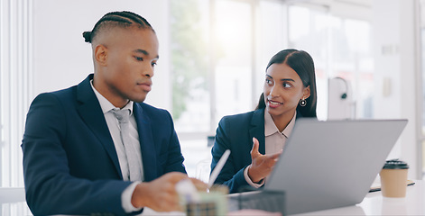 Image showing Business people, manager and employees with laptop, conversation and internet with cooperation, company website and speaking. Staff, woman and man with a computer, planning and project with ideas