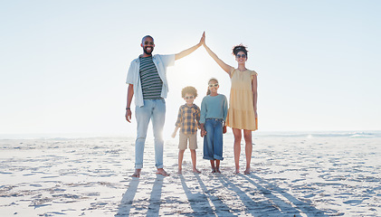 Image showing Portrait, high five or insurance with a family on the beach for security, travel or vacation on space. Smile, safety or cover with a mother, father and kids by the ocean or sea for trust on mockup