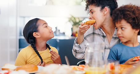 Image showing African family, food and mother with children for breakfast, lunch and eating together in home. Happy parent or mom with kids at dinner table for bonding, meal or healthy nutrition or hunger in house