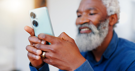 Image showing Happy senior black man, phone and typing for communication, social media or networking at home. Face of mature African male person, smile and hands on mobile smartphone for online chatting or texting