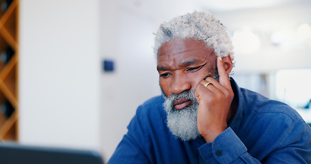 Image showing Senior black man, face and thinking for decision, choice or idea on laptop in living room at home. Mature African male person in thought, wonder or contemplating for information on computer at house