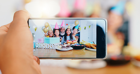 Image showing Happy birthday, camera and phone screen for family photo, celebration or memory together at home. Closeup of excited people smile on mobile smartphone display for photography, picture or bonding
