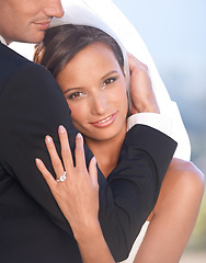 Image showing Portrait, happy woman and man hugging at wedding with smile, love and commitment at outdoor reception. Romance, face of bride and groom at marriage celebration in embrace, loyalty and future together