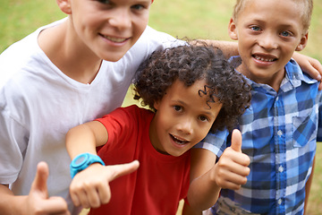 Image showing Happy children, portrait and thumbs up at park for teamwork, winning or good job together in nature. Group of casual young boys smile and hug with like emoji, yes sign or OK for outdoor success