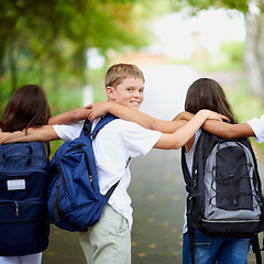 Image showing Student, smile and portrait in park with bonding, preparation and wellness with collaboration in city. Boy, face and friends with backpacks, care and happy together for back to school in urban town