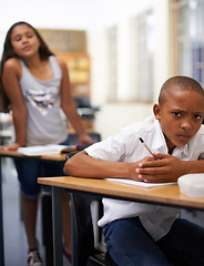 Image showing Portrait, copy or students cheating in exam with paper, school corruption or education fraud. Cover, girl peeking or smart male child learner hiding or writing answers in test in classroom at desk