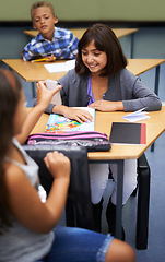 Image showing School, students or girl with a phone for a secret, gossip or rude message online in classroom. Show news, share info or happy children with picture on mobile app or social media for cyber bullying