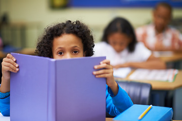 Image showing Child, literature and reading for education in portrait, information and knowledge in classroom. Boy, student and learning or studying in closeup, academy and notebook for development and growth