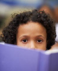 Image showing Child, literature and reading for development in portrait, information and knowledge in classroom. Boy, student and learning or studying in closeup, academy and notebook for education and growth