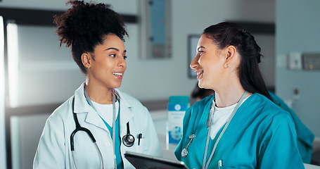 Image showing Teamwork, discussion and doctors on tablet in hospital for research, report advice and telehealth. Healthcare, clinic and women talking on digital tech for medical service, online results and meeting