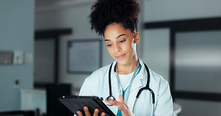 Image showing Tablet, healthcare doctor and woman typing online research, check medicine study and reading wellness information. Hospital service, medical cardiology and professional surgeon review clinic website