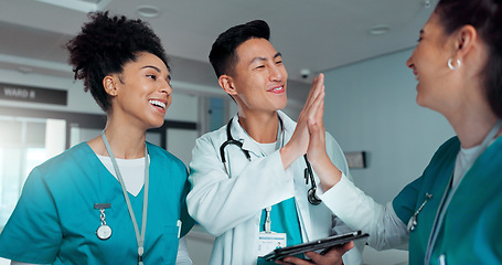 Image showing Tablet, doctor high five and happy people celebrate online research, medicine study success and exam results. Hospital team cheers, group achievement and nurse reading clinic review, feedback or news