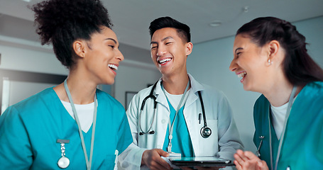 Image showing Teamwork, meeting and happy doctors on tablet in hospital for research, diagnosis advice and telehealth. Healthcare, documents and people talking on digital tech for medical service, results and cons