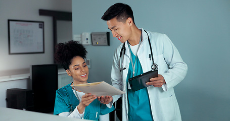 Image showing Folder, tablet and receptionist people, doctor or administration consulting on report, database or medicine study. Medical team, collaboration chat or clinic secretary talking about results documents