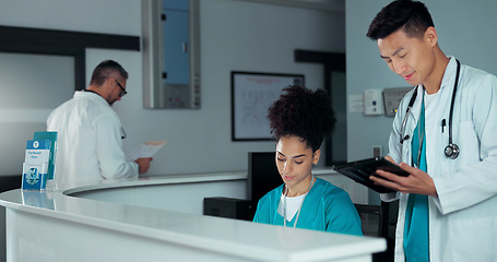 Image showing Reception people, tablet and doctor signature for administration invoice, hospital report or medicine study. Folder, secretary and medical team, nurses or surgeon sign online management approval