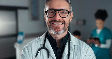 Image showing Doctor, hospital or professional man, happy nurse or cardiologist with career smile, cardiology service job or vocation. Medic portrait, work pride or confident clinic worker for health care wellness