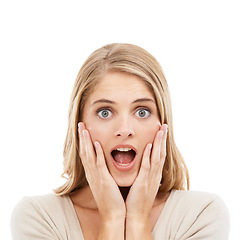 Image showing Portrait, news and surprise with woman, announcement and reaction isolated on white studio background. Face, person or model with wow, shocked and facial with emotion, feedback or expression with omg