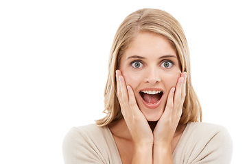 Image showing Portrait, smile and surprise with woman, news and reaction isolated on a white studio background. Face, person and model with wow, shocked and facial with emotion, excited and expression with omg