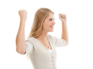 Image showing Woman, happy and celebration with hands in studio for winner, success notification or lottery champion. Person, excited and arms raised for achievement, promotion or bonus sale on white background