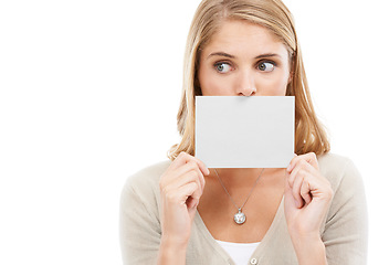 Image showing Thinking, face and woman with blank card, sign or poster for question in white background and mockup. Studio, space and person with a empty signage for information on choice, decision or cardboard