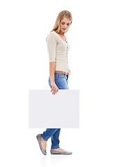 Image showing Woman, card or poster mockup with advertising, presentation or announcement with information on white background. About us, coming soon or sign up with news, marketing or ads with board in studio