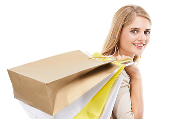 Image showing Happy portrait, woman or shopping bag in studio for retail discount, financial freedom or commerce savings on white background. Wealthy customer buying gifts for deal, sales offer or mockup promotion