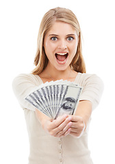 Image showing Excited, woman and portrait with money fan and finance, prize or reward with achievement or success on white background. Winner with cash, dollars and financial freedom, bonus or salary in studio