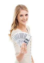 Image showing Portrait, woman and money fan in studio for giveaway, gambling and financial freedom on white background. Happy winner, bills and wealthy prize for lottery bonus, cashback savings and finance reward