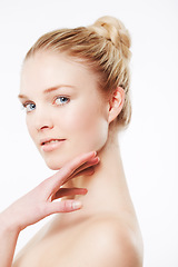 Image showing Portrait of model, touching face or skincare for wellness with cosmetics, aesthetic or healthy glow. Facial dermatology, studio or confident woman with pride or beauty results on white background