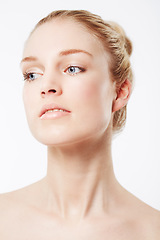 Image showing Woman thinking of beauty or skincare for wellness with cosmetics, aesthetic or healthy glow. Facial dermatology, studio or confident female model with pride, ideas or results on white background