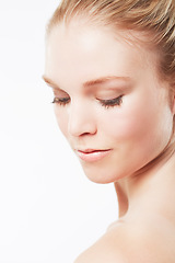 Image showing Face of woman, shoulder or skincare for wellness with cosmetics, aesthetic or healthy glow. Facial dermatology, studio or confident model with pride or natural beauty results on white background
