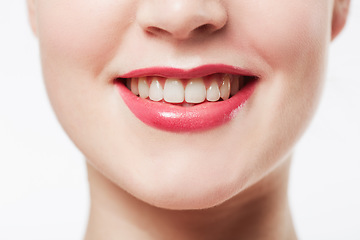 Image showing Mouth, teeth and woman with red lipstick, cosmetics or dental for wellness with smile isolated on white background. Lips, makeup and beauty with veneers, oral health and cropped closeup in studio