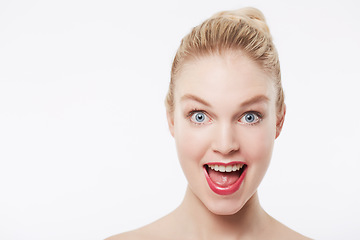 Image showing Portrait, skincare and excited woman in red lipstick, makeup and cosmetics in studio isolated on a white background. Shocked face, beauty model and surprise facial treatment, wow and mockup space