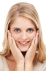 Image showing Portrait, smile and surprise with woman, announcement and reaction isolated on a white studio background. Face, person and model with wow, shocked and facial with emotion, news or expression with omg