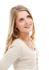 Image showing Woman, thinking and smile in studio for ideas, planning insight and daydream of future on white background. Happy model brainstorming to imagine inspiration, remember memory and wondering of optimism