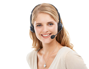 Image showing Woman, portrait and smile in studio for customer service, CRM questions and help at IT call center on white background. Happy telemarketing agent, consultant and microphone for FAQ, advice or contact