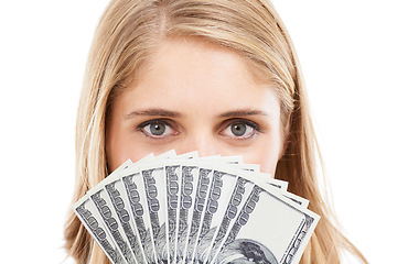 Image showing Face, eyes and woman with money fan, bonus for success or reward, cashback or lotto win on white background. Cash, award or salary with financial freedom, investment and portrait for winner in studio
